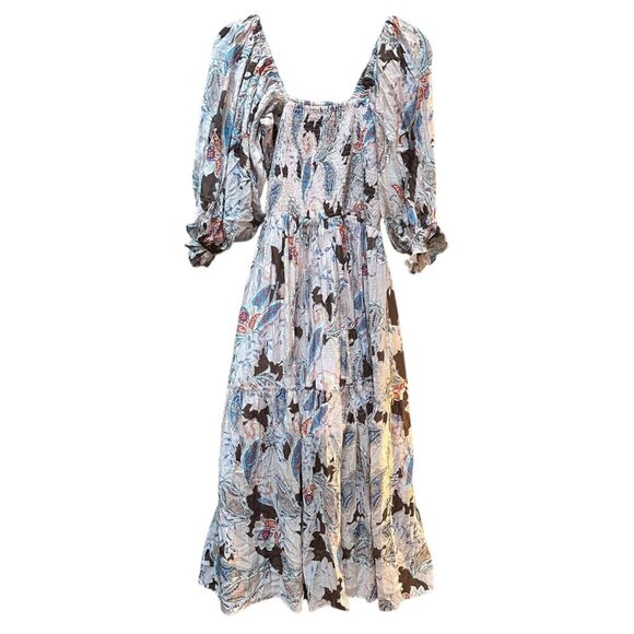 Fabrik Dress Bohemian Floral Maxi Smocked Bodice & Puff Sleeves Cottage L - Picture 2 of 11